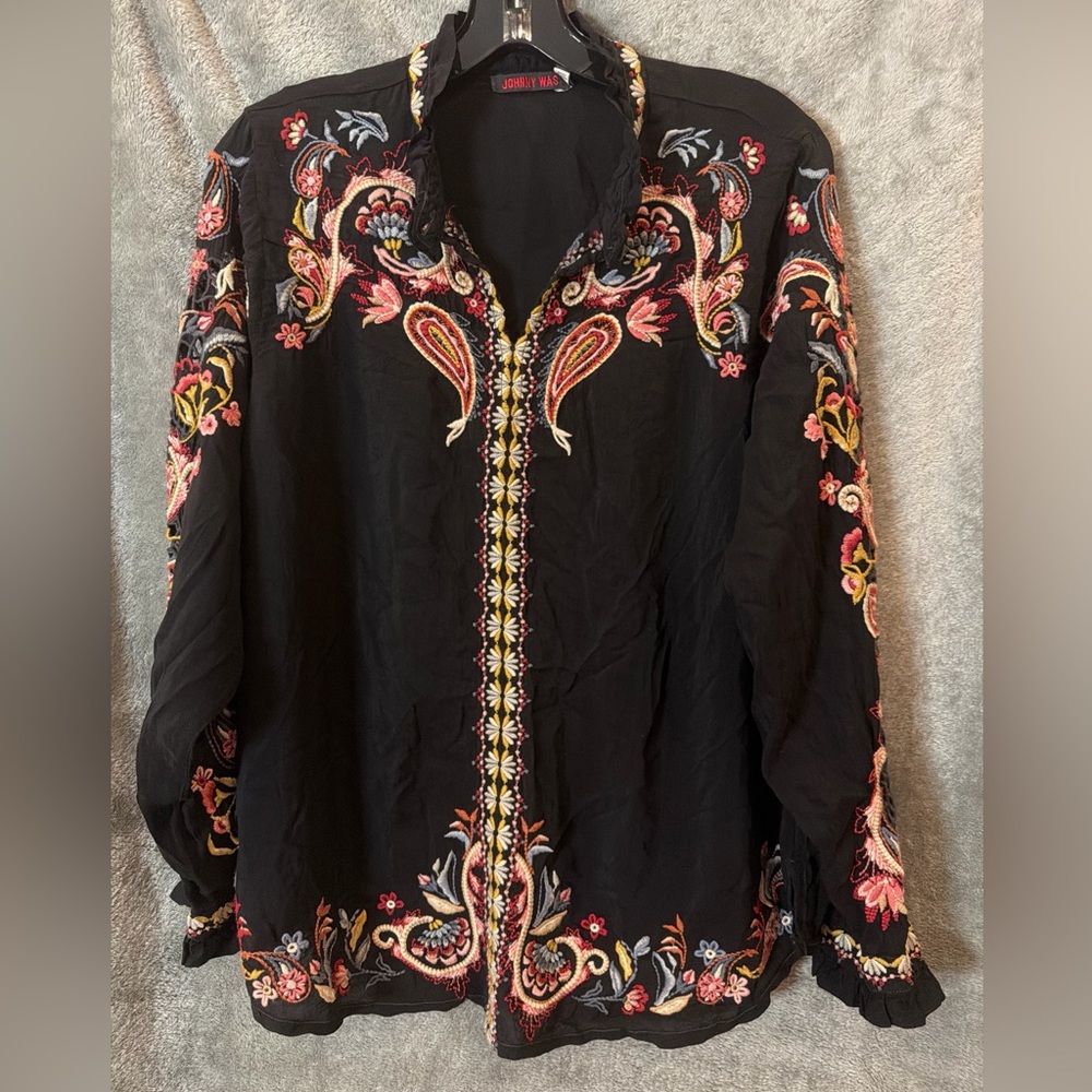 Johnny Was Black Simone Blouse with Vibrant Embroidery